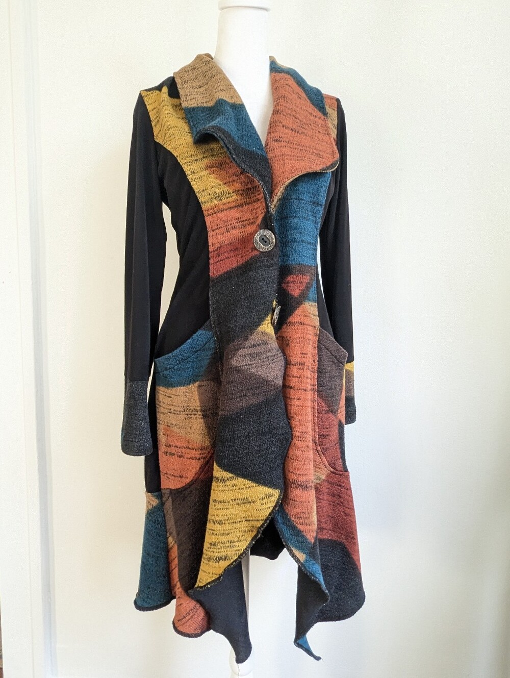 Vintage Y2K Abstract Colorblock Asymmetrical Ruffle Knit Boho Cardigan Indie